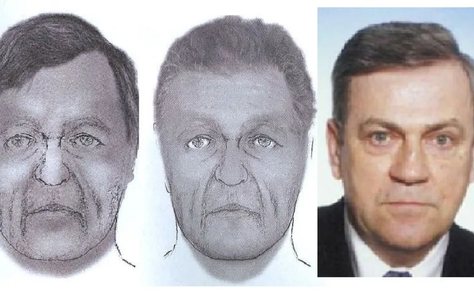 Portrét pohřešovaného muže vypracovaný na základě rekonstrukce obličeje, třetí tvář patří Lambertu Krejčířovi.