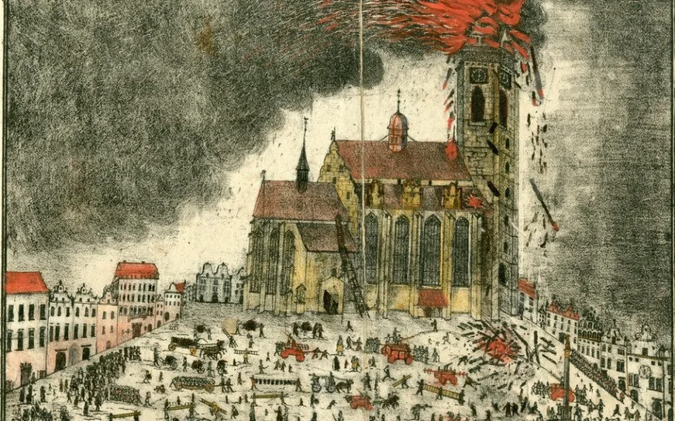 Další ničivý požár postihl Plzeň v roce1835, kdy blesk zapálil věz kostela sv. Bartoloměje, zdroj: Archiv města Plzně.