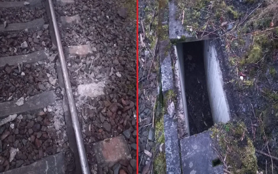 Na koleje neznámý pachatel vyskládal tyto betonové kryty, které našel opodál