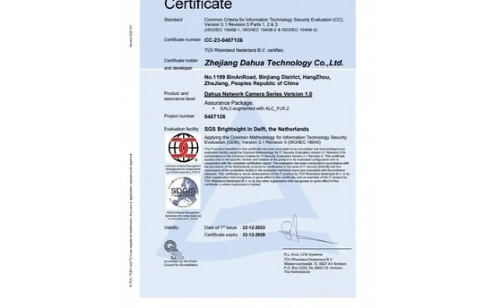 Řada síťových kamer Dahua získala certifikát CC EAL 3+
