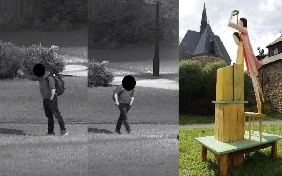 Veřejnost pomohla podle fotografií dopadnout pachatele, který zdemoloval sochu nazvanou Korunovace