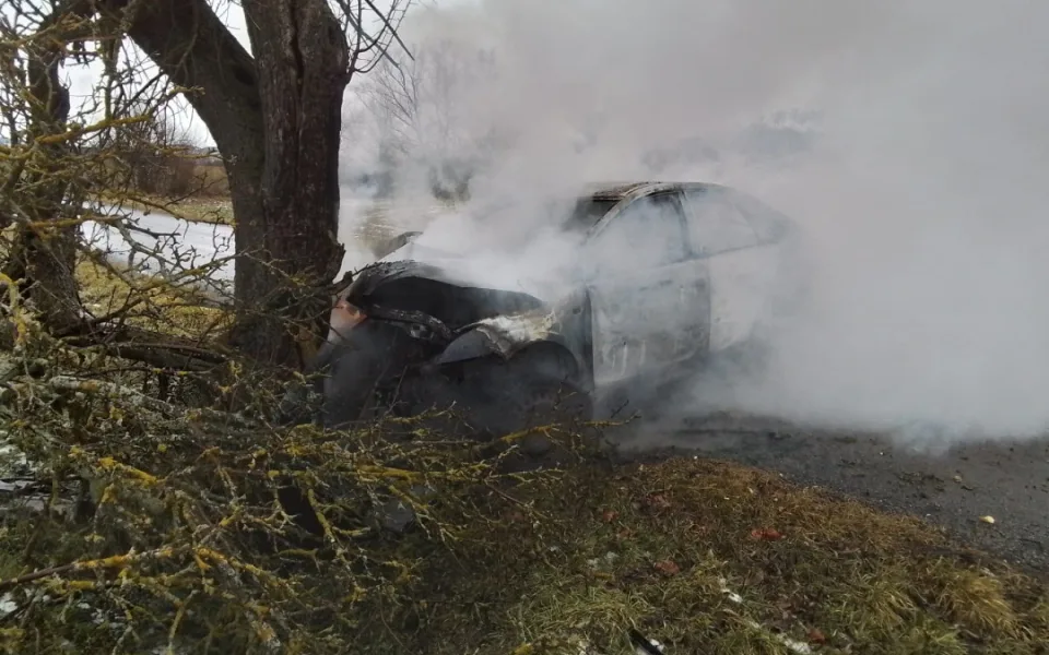 Auto u Krahulova skončilo po nárazu do stromu v plamenech. Na místě jsou záchranáři. Foto: Se svolením HZS Kraje Vysočina