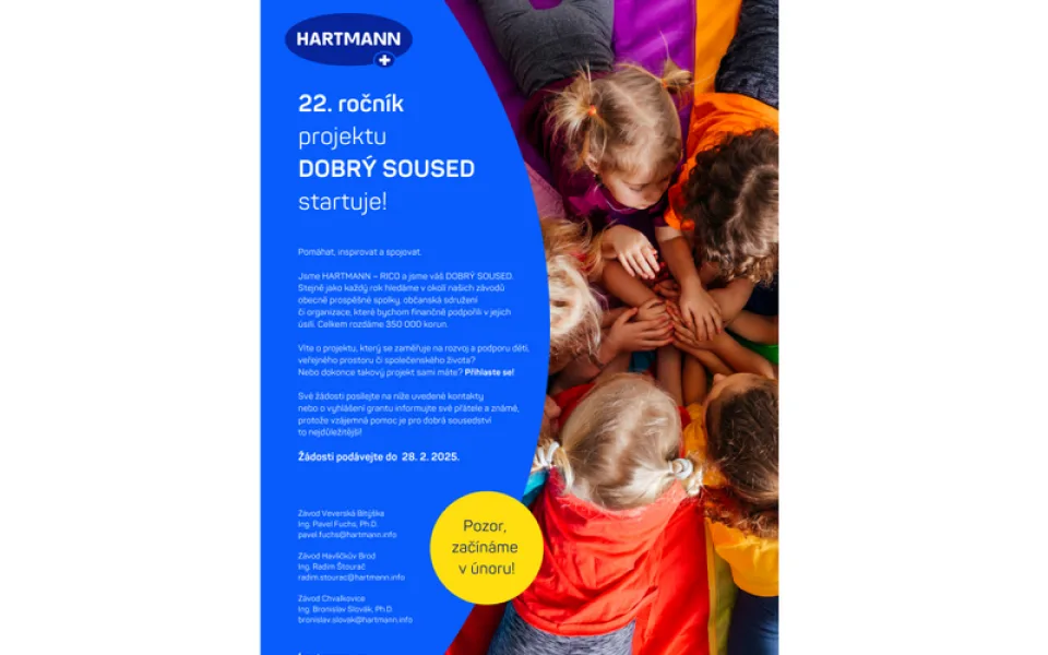 Startuje dvacátý druhý ročník projektu Dobrý soused. HARTMANN – RICO rozdá spolkům a neziskovkám v okolí závodů celkem 500 tisíc korun