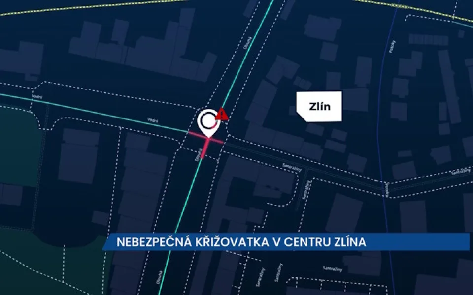 Nehodová křížovatka v centru Zlína, spojující ulice Dlouhá, Vodní a Santaržiny