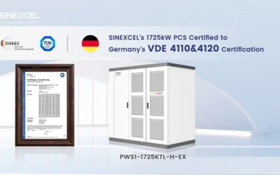 SINEXCEL získává od TÜV SÜD přísnou německou certifikaci VDE 4110 a 4120 pro svůj 1725kW systém konverze energie