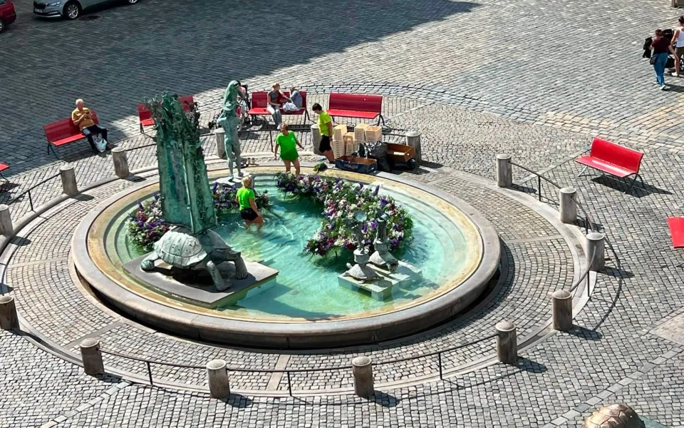 Pestrobarevná krása u radnice. Kašnu v Olomouci zdobí aranžmá ze stovek květů