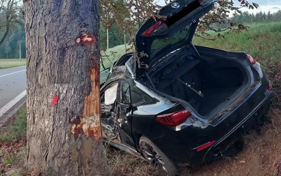 BMW po smyku narazilo do stromu. Škoda přesáhla milion korun